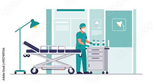 Medical professional in mask preparing equipment in hospital room with gurney and cart