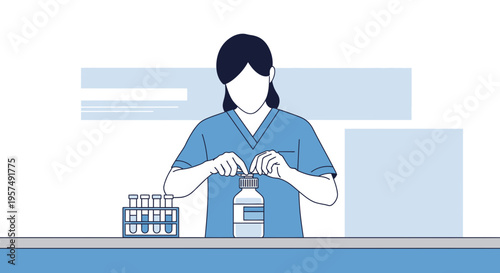 Medical professional opening a bottle of liquid with test tubes in a lab setting