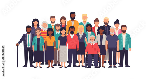 Diverse Community Group Illustration - Inclusive Society with People of All Ages, Genders, and Backgrounds