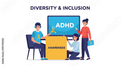 ADHD Awareness and Inclusion Concept. Diverse Team Promoting Neurodiversity Support, Understanding, and Mental Health Acceptance.