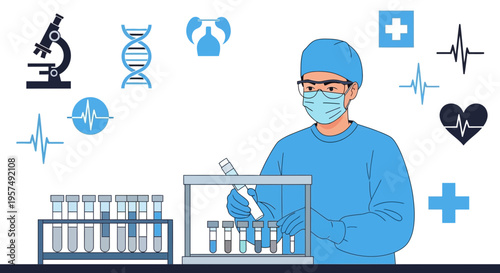 Medical Scientist Working in Laboratory with DNA, Microscope and Test Tubes