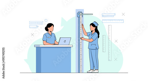Medical staff measuring patient height with stadiometer and laptop on desk