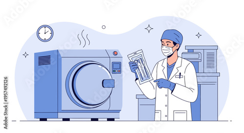 Medical sterilization process: doctor sterilizing instruments in autoclave, healthcare, hygiene
