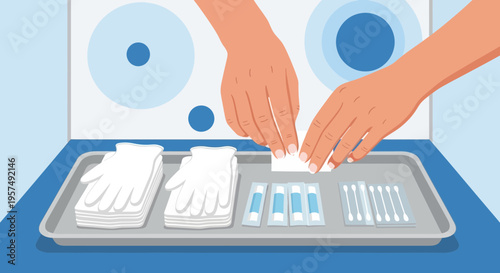 Medical supplies preparation: Gloves, swabs, and ampoules on a tray for procedure