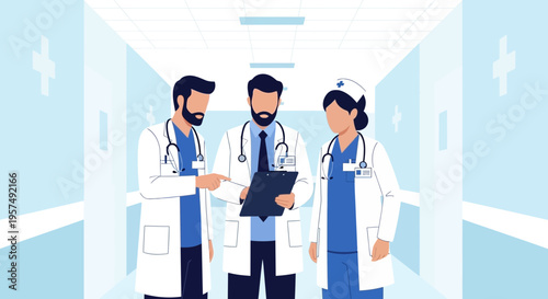 Medical Team Discussing Patient Chart in Hospital Corridor