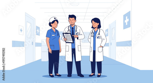 Medical Team Discussing Patient Chart in Hospital Corridor