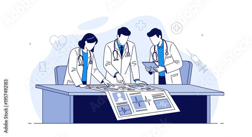 Medical Team Discussing Patient Data and Research on a Table