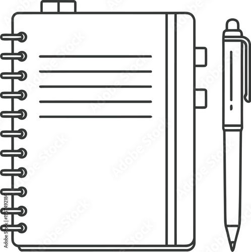 A spiral notebook paired with a pen resting beside it on a flat surface.