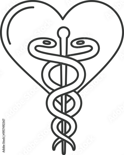 Medical symbol featuring a caduceus within a heart shape representing healthcare and care