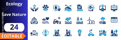 Ecology conservation flat icons set. nature protection, wildlife care, eco system, renewable energy, recycling waste, water saving, green technology, sustainability concept