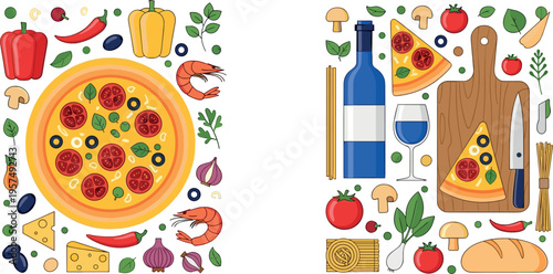 Italian Pizza and Ingredients Collection with Seafood, Vegetables, Wine and Kitchen Utensils Mediterranean Cuisine Vector Illustration Set