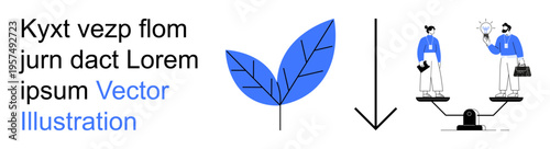 Sustainability, innovation, decision-making, business ethics, teamwork, balance in work. Blue leaf, scale with professionals and a downward arrow. Sustainability and innovation visualization