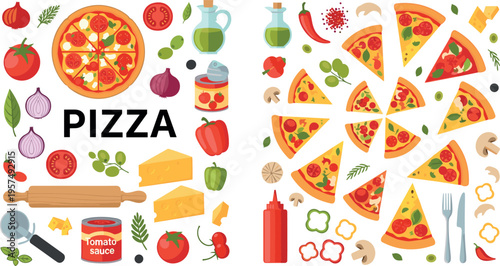 Pizza Slice Collection with Ingredients, Sauces, Cheese, Vegetables and Kitchen Elements Italian Food Vector Illustration Set