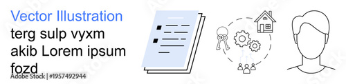Business management, property ownership, teamwork, processes, anonymity, personal profile. Includes a document, house gears and avatar. Business management and property ownership
