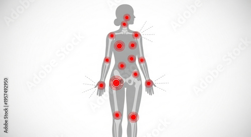 A medical 3D illustration of a female body showing the muscular system and human anatomy in a fashion-forward silhouette design
