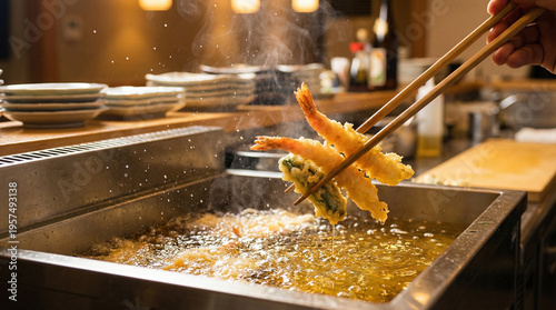 Close-up of fried tempura shrimp and vegetable being lifted with chopsticks from hot oil in a deep fryer with steam rising in a kitchen setting
