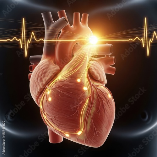 A detailed 3d medical illustration of the human heart showing electrical conduction pathways