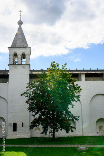 A tree with berries in a ray of bright sun next to the wall and bell tower in the medieval Kremlin in Rostov the Great