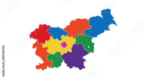 Colorful slovenia map divided into regions with distinct borders and isolated