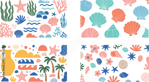Abstract Coastal and Underwater Pattern Set with Sea Plants, Coral, Fish, Waves and Summer Beach Elements Vector Illustration