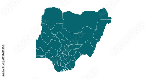 Teal nigeria map outline with internal state borders isolated on white background