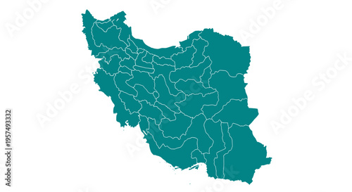 Teal map outline of iran with internal provincial borders on white background