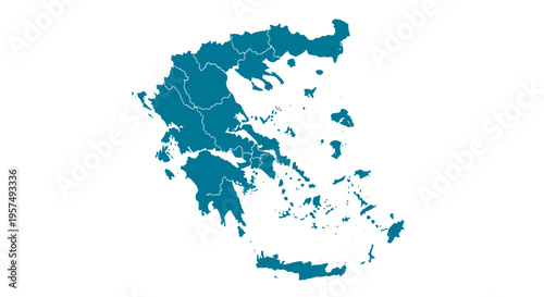 Teal map outline of greece showing regions and islands against a clean white