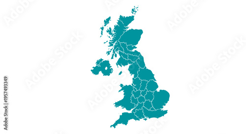 Teal outline map of united kingdom divided into regions isolated on white
