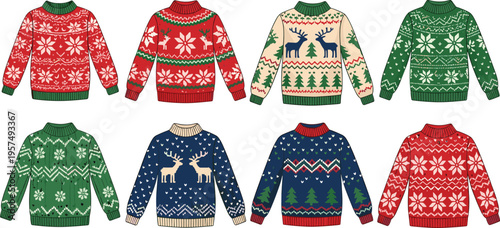 Collection of festive Christmas sweater vectors with traditional Nordic Fair Isle patterns reindeer and snowflakes for winter holiday party invitations and seasonal textile design projects