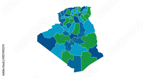 Algeria map silhouette with regions colored in blue and green tones on white