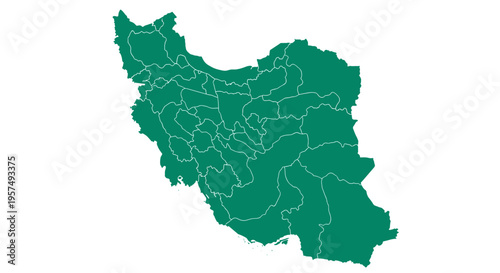 Teal iran map silhouette with internal provinces highlighted on white background
