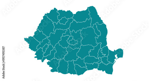 Teal outline map of romania divided into administrative regions on a white