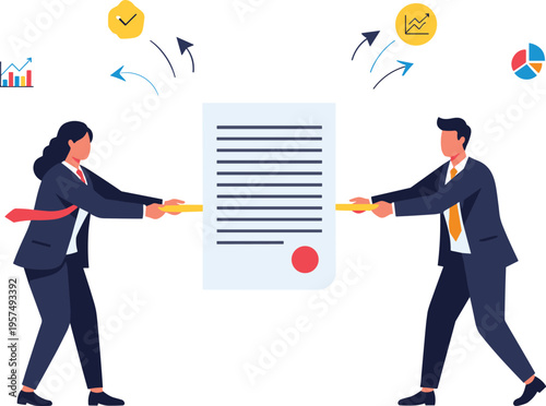 Business professionals exchanging contract document, agreement and negotiation concept with analytics icons flat vector illustration