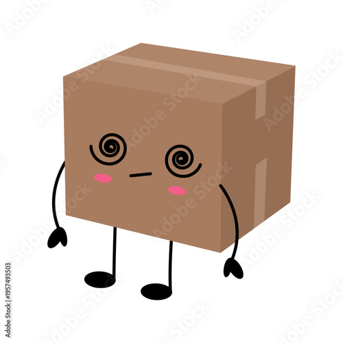 Adorable brown cardboard box character with spiral eyes and pink cheeks