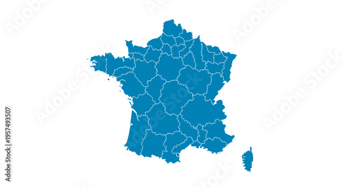 Blue map outline of france divided into regions with internal borders on white