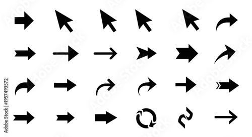 Collection of diverse black arrow icons and cursor pointers on white background