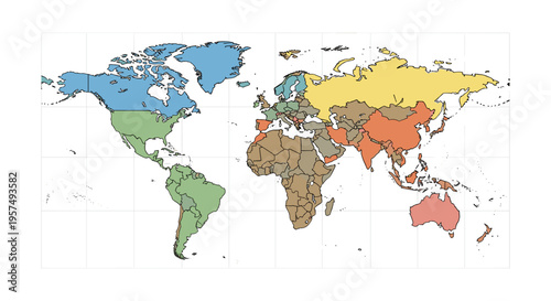 Colorful world map divided into continents and regions flat design global concept