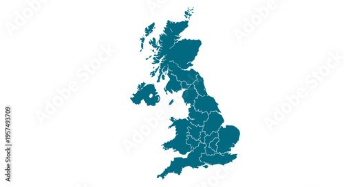 Teal united kingdom map outline with internal divisions on a clean white
