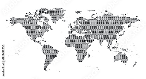 Abstract gray world map composed of tiny dots and circles on a white background