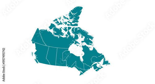 Teal canada map outline with provinces and territories isolated on white background