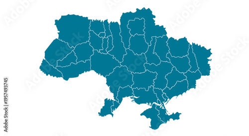 Teal outline map of ukraine showing administrative regions and borders on a white