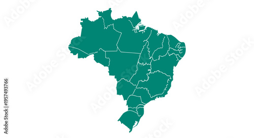Teal silhouette map of brazil divided into states on white background flat design