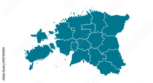 Teal outline map of estonia divided into regions with internal borders on a white