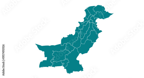 Teal outline map of pakistan with internal administrative divisions isolated