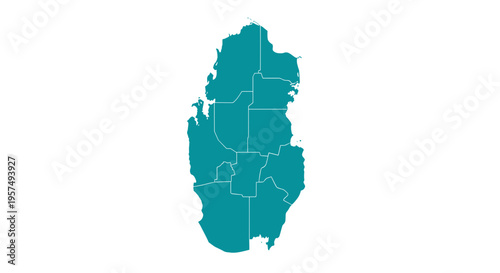 Turquoise map silhouette of qatar divided into administrative regions on a white