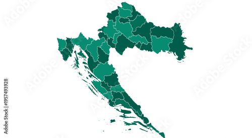 Croatia map silhouette with administrative regions highlighted in teal tones