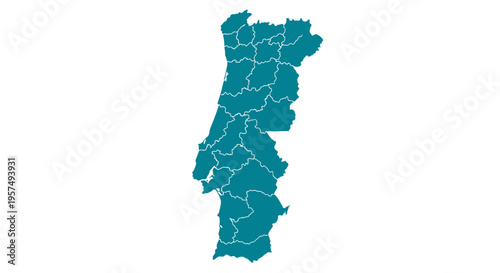 Teal outline map of portugal divided into regions with white background clean