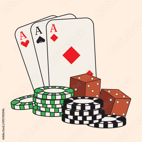 Vector linear illustration of a casino with cards on a light background