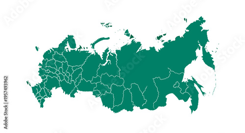 Teal green map of russia showing federal subjects and regions on a white background