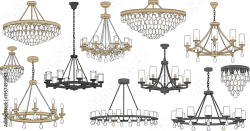 Collection of modern luxury chandelier vectors featuring tiered crystal glass lamps and elegant metal pendant lighting fixtures for upscale interior design and architectural decoration projects